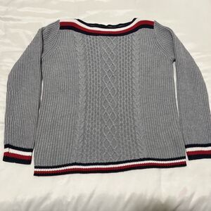 Tommy Hilfiger Varsity Cable Knit Sweater Gray Red White Blue Womens M Preppy